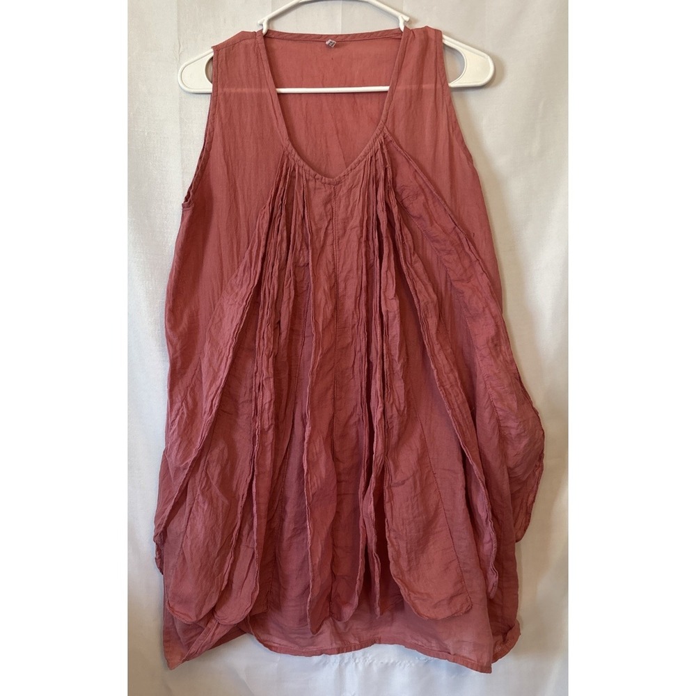 Women's Mauve Semi Sheer Pleated Ruffled Cotton Sleeveless Lagenlook Dress S/M